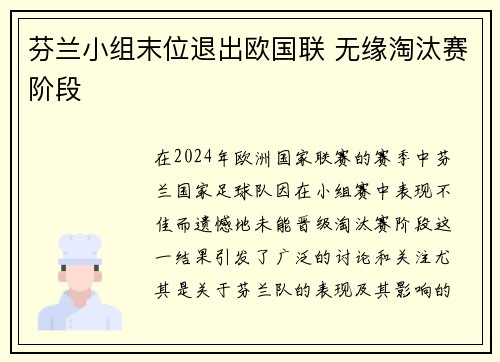 芬兰小组末位退出欧国联 无缘淘汰赛阶段