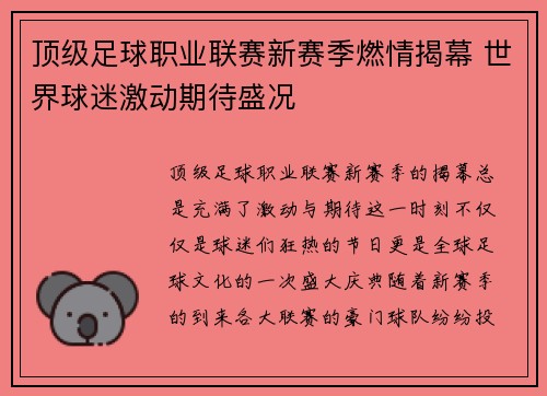 顶级足球职业联赛新赛季燃情揭幕 世界球迷激动期待盛况