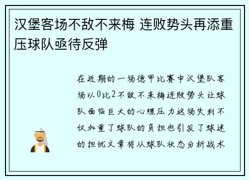 汉堡客场不敌不来梅 连败势头再添重压球队亟待反弹