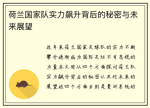 荷兰国家队实力飙升背后的秘密与未来展望