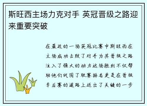 斯旺西主场力克对手 英冠晋级之路迎来重要突破