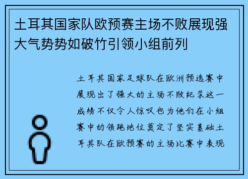土耳其国家队欧预赛主场不败展现强大气势势如破竹引领小组前列