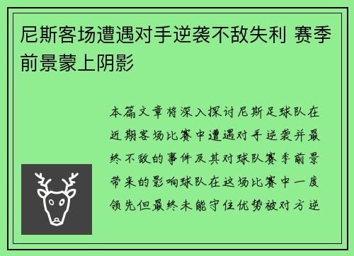 尼斯客场遭遇对手逆袭不敌失利 赛季前景蒙上阴影