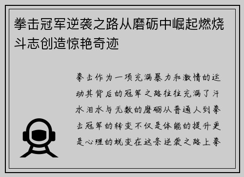 拳击冠军逆袭之路从磨砺中崛起燃烧斗志创造惊艳奇迹