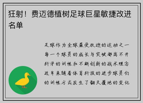 狂射！费迈德植树足球巨星敏捷改进名单