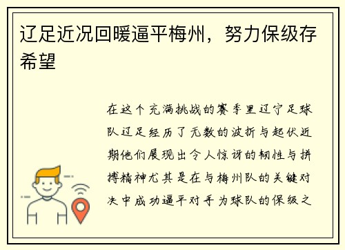 辽足近况回暖逼平梅州，努力保级存希望