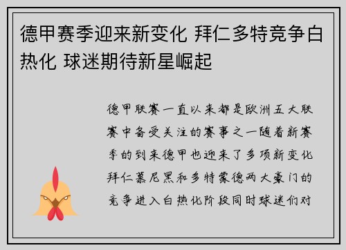 德甲赛季迎来新变化 拜仁多特竞争白热化 球迷期待新星崛起
